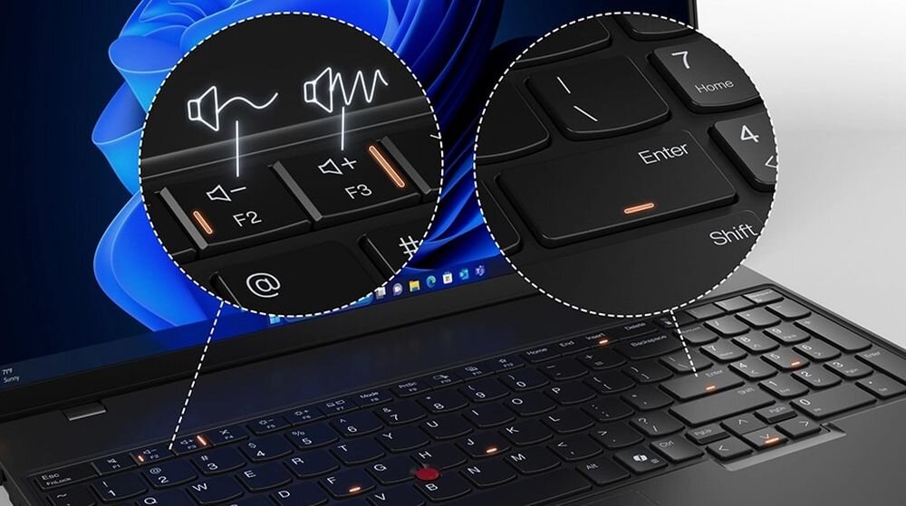 Zbliżenie na klawiaturę laptopa LENOVO ThinkPad L16 Gen 2 z czerwonym TrackPointem – pełnowymiarowa klawiatura blok numeryczny precyzyjne sterowanie
