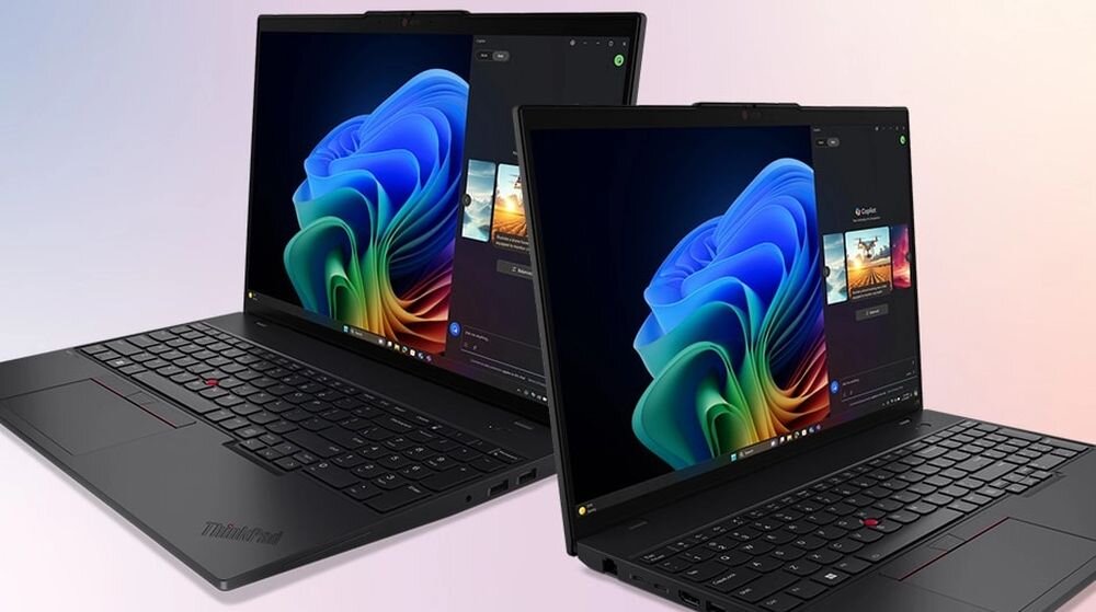 Dwa laptopy LENOVO ThinkPad L16 Gen 2 ustawione obok siebie prezentują design i wsparcie Copilot+ w pracy biurowej