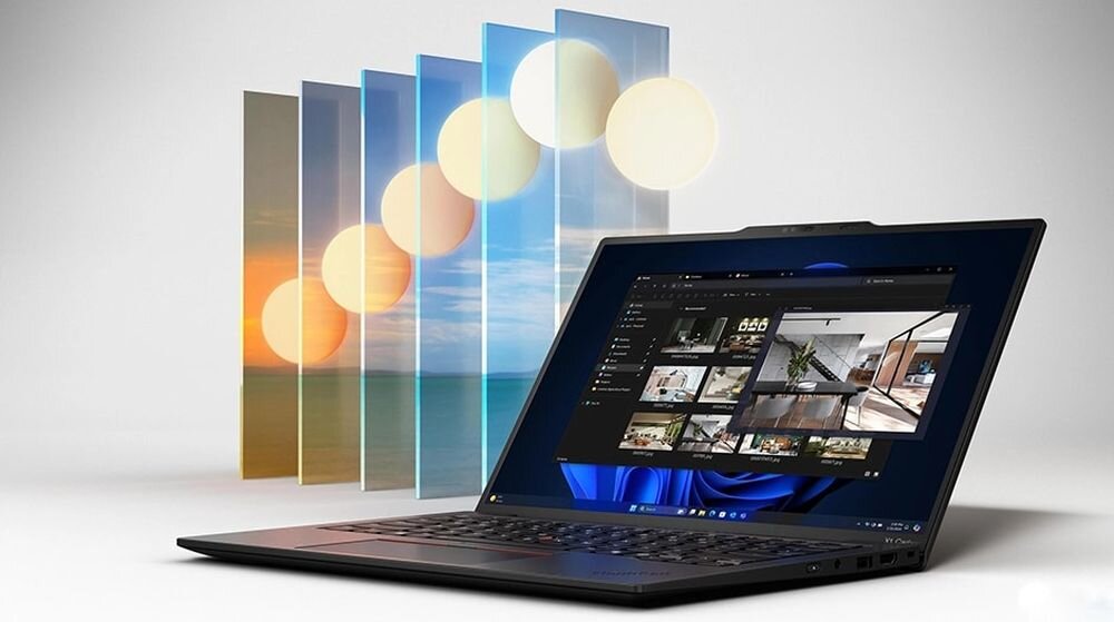 Laptop Lenovo ThinkPad przedstawiony na tle cyklu dnia i nocy symbolizuje długą pracę na baterii. - Bateria 57 Wh Ładowanie przez USB-C 