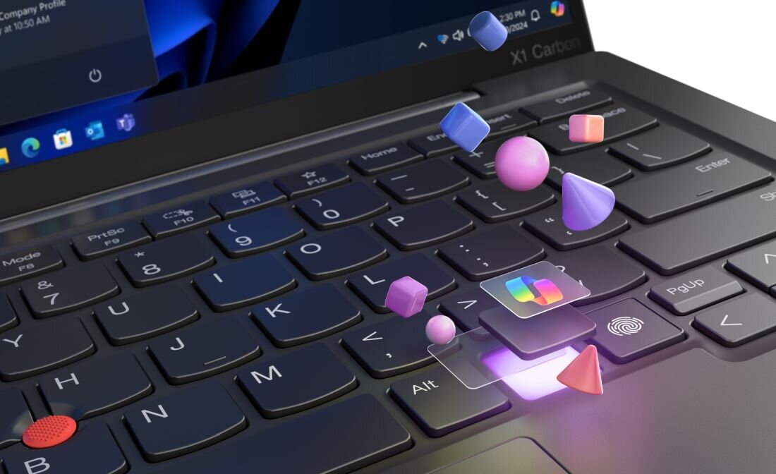 Zbliżenie na klawiaturę laptopa Lenovo ThinkPad z wizualizacją funkcji inteligentnych, wspierającą efektywną pracę biurową. - Klawiatura ThinkPad Podświetlenie LED Czerwony TrackPoint 
