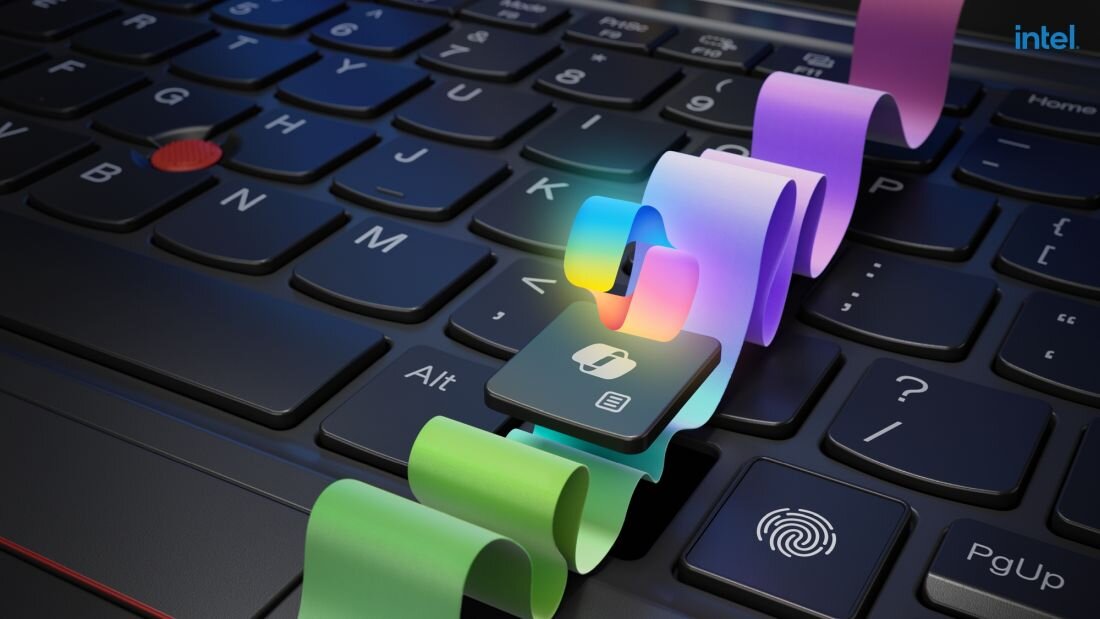 Klawiatura laptopa Lenovo ThinkPad z graficzną wizualizacją Intel AI Boost pokazuje wsparcie sztucznej inteligencji w pracy. - Intel AI Boost Copilot w Microsoft 365