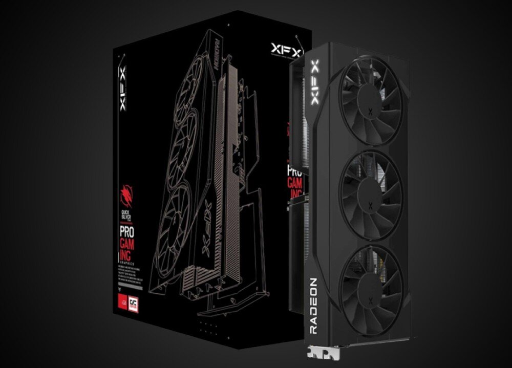 Karta graficzna XFX Swift Radeon RX 9060 XT OC Triple Fan Gaming Edition 16GB Karta graficzna z trzema wentylatorami obok opakowania z rysunkową grafiką produktu i logo XFX, opis