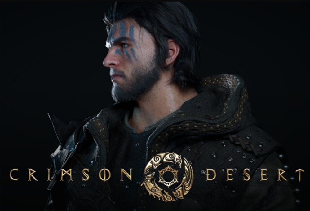 Karta graficzna XFX Swift Radeon RX 9060 XT OC Triple Fan Gaming Edition 16GB Postać mężczyzny z niebieskimi malunkami na twarzy w ciemnym stroju z napisem 'Crimson Desert' na dole, pamięć, przepustowość, rozdzielczość