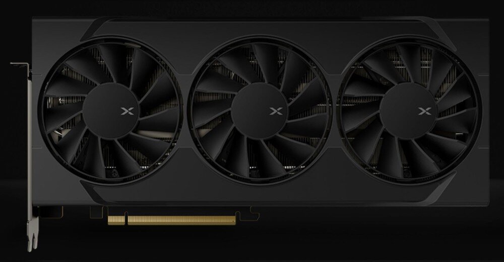 Karta graficzna XFX Swift Radeon RX 9060 XT OC Triple Fan Gaming Edition 16GB Widok z przodu na kartę graficzną z trzema dużymi wentylatorami i złotym złączem PCIe, chłodzenie, wentylatory, ciepłowody, temperatura