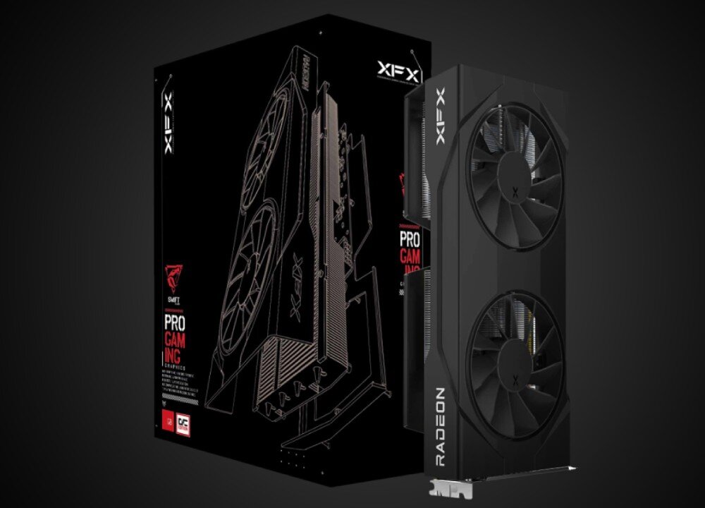 Karta graficzna XFX Radeon Swift RX 9060 XT OC Gaming Edition 8GB Czarna karta graficzna z dwoma wentylatorami ustawiona pionowo obok czarnego pudełka z grafiką techniczną karty i logo XFX, opis