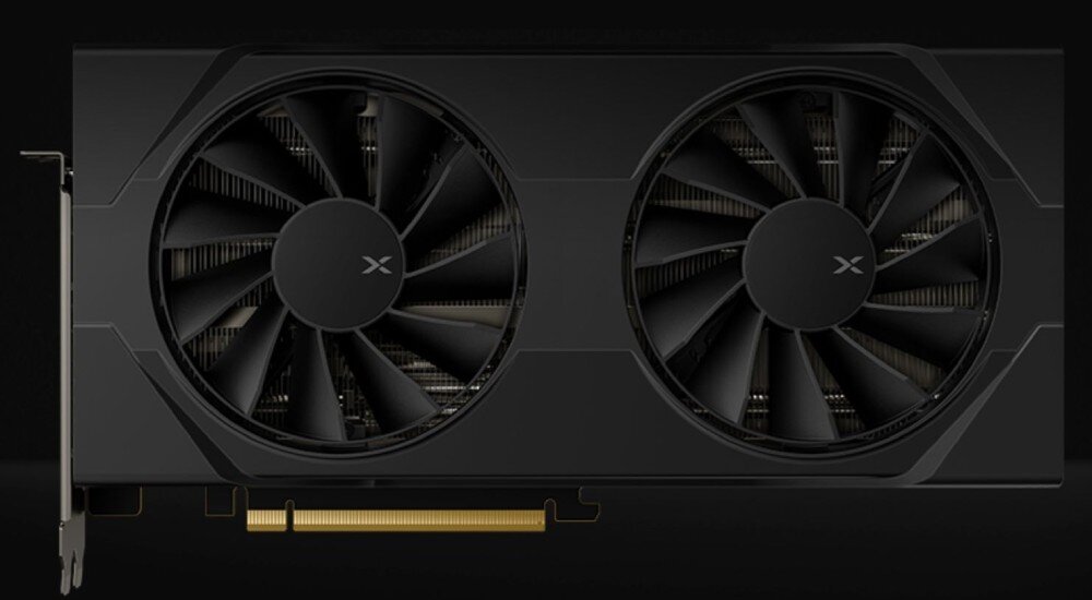 Karta graficzna XFX Radeon Swift RX 9060 XT OC Gaming Edition 8GB Widok z boku na czarną kartę graficzną z dwoma dużymi wentylatorami i złączem PCIe u dołu, chłodzenie, wentylatory, ciepłowody, taktowanie