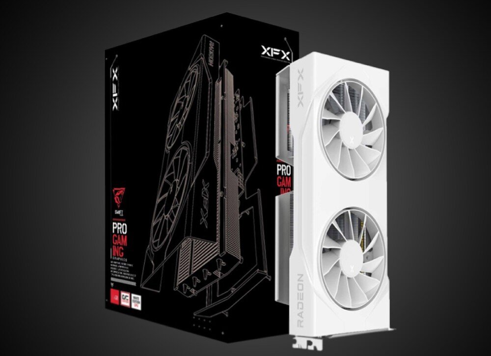 Karta graficzna XFX Radeon Swift RX 9060 XT OC White Gaming Edition 8GB Czarna karta graficzna z dwoma wentylatorami ustawiona pionowo obok czarnego pudełka z grafiką techniczną karty i logo XFX, opis