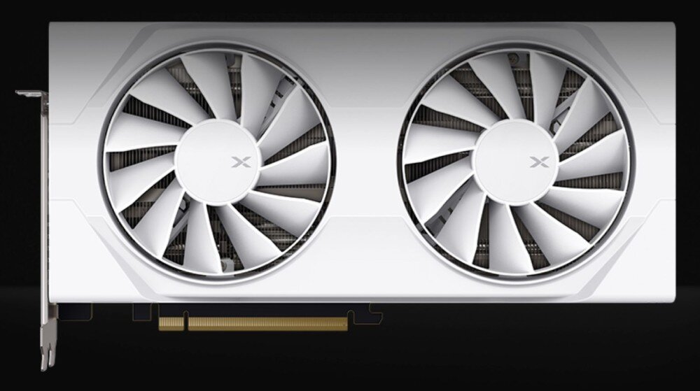 Karta graficzna XFX Radeon Swift RX 9060 XT OC White Gaming Edition 8GB Widok z boku na czarną kartę graficzną z dwoma dużymi wentylatorami i złączem PCIe u dołu, chłodzenie, wentylatory, ciepłowody, taktowanie