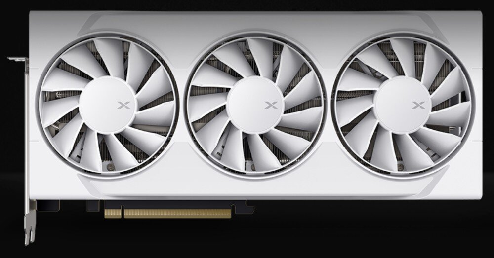 Karta graficzna XFX Swift Radeon RX 9060 XT OC White Triple Fan Gaming Edition 16GB Widok z przodu na kartę graficzną z trzema dużymi wentylatorami i złotym złączem PCIe, chłodzenie, wentylatory, ciepłowody, temperatura