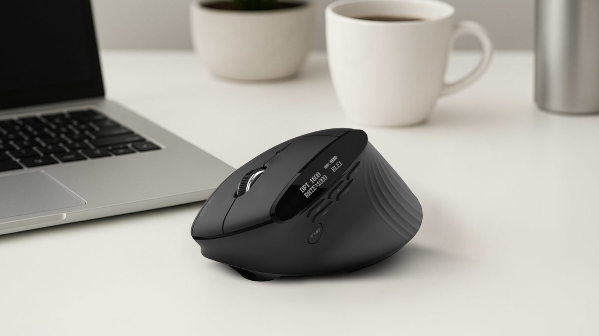 Mysz ACER Smart Fit Acer Smart Fit pionowa mysz profilowany kształt naturalne ułożenie ręki 10 przycisków dedykowany przełącznik DPI - Czarna mysz komputerowa z wyświetlaczem na białym biurku obok laptopa i kubka kawy