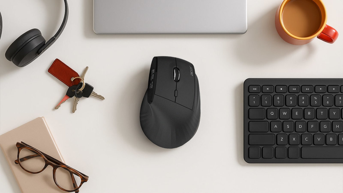 Mysz ACER Smart Fit Acer Smart Fit bezprzewodowe połączenie Bluetooth 5.0 i 2.4 GHz Windows, macOS i Chrome OS 10 metrów - Widok z góry na czarną mysz komputerową otoczoną akcesoriami biurowymi: kluczami, słuchawkami, okularami, klawiaturą i kubkiem z napojem