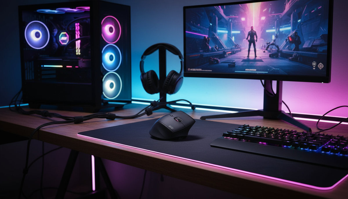 Mysz ACER Smart Fit baterię litowo-jonową 120 godzin jednym ładowaniu port USB-C 2,5 godziny - Gamingowy setup z myszą komputerową na dużej czarnej podkładce, monitorem z grą i komputerem z RGB, wszystko w neonowym oświetleniu