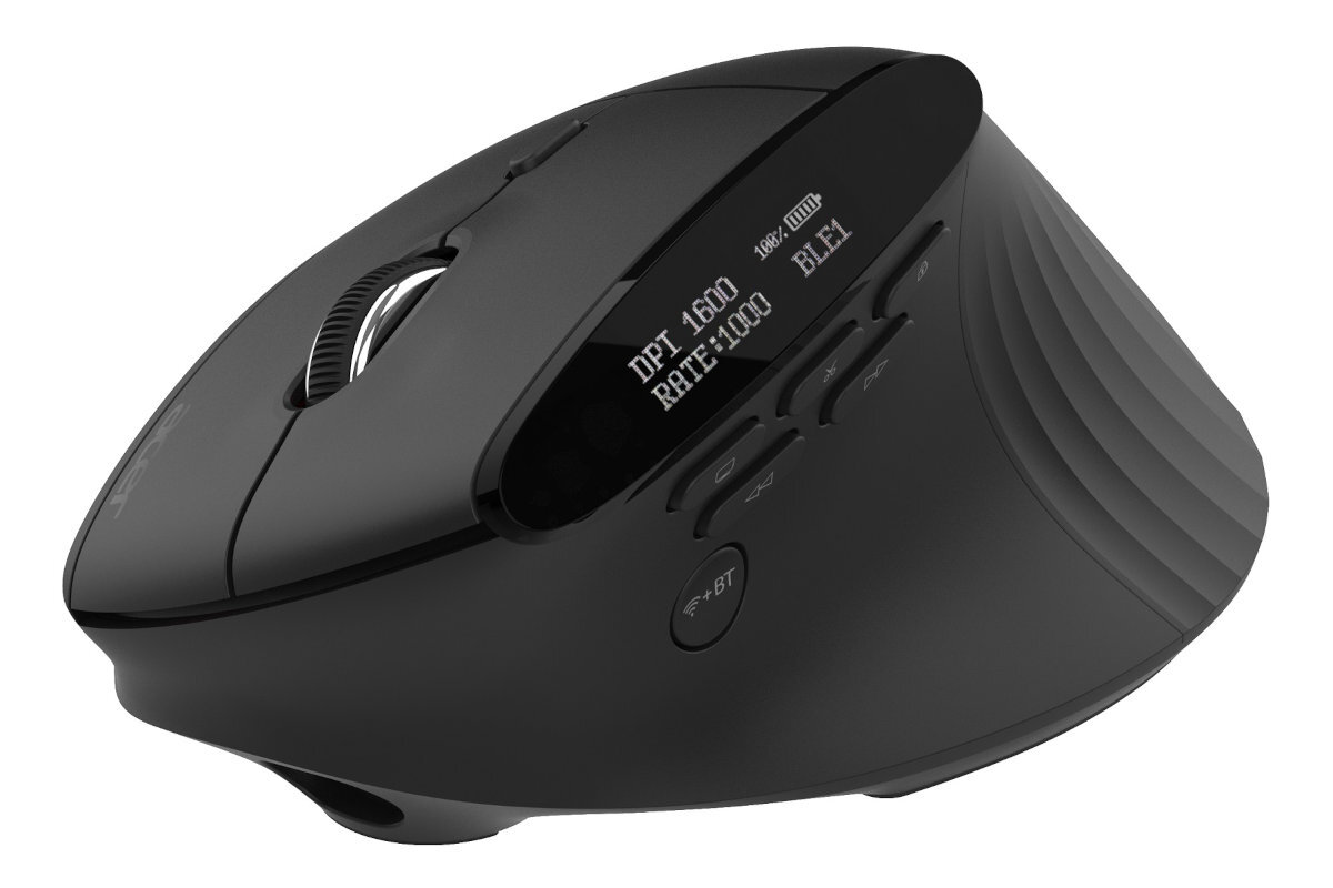 Mysz ACER Smart Fit czytelny wyświetlacz OLED poziom baterii i aktualne ustawienie DPI (do 8000 DPI) bez potrzeby korzystania z dodatkowego oprogramowania - Czarna mysz komputerowa na białym biurku obok laptopa, klawiatury i doniczki z rośliną