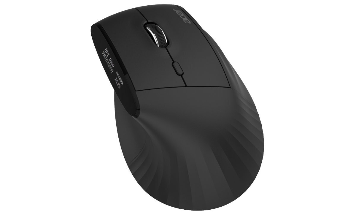 Mysz ACER Smart Fit Acer Smart Fit 11 trybów podświetlenia RGB efekty świetlne - Czarna mysz komputerowa widoczna z góry na białym tle, eksponująca wyprofilowany, ergonomiczny kształt