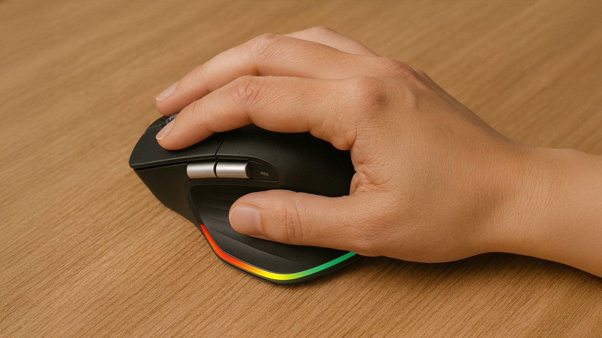 Mysz ACER Easy Fit Acer Easy Fit bezprzewodowa mysz 6 przyciskom dedykowanemu przełącznikowi DPI (do 4000 DPI) czułość kursora Ciche kliknięcia płynne przewijanie - Dłoń osoby korzystającej z myszy o wielokolorowym podświetleniu, na tle drewnianego blatu.