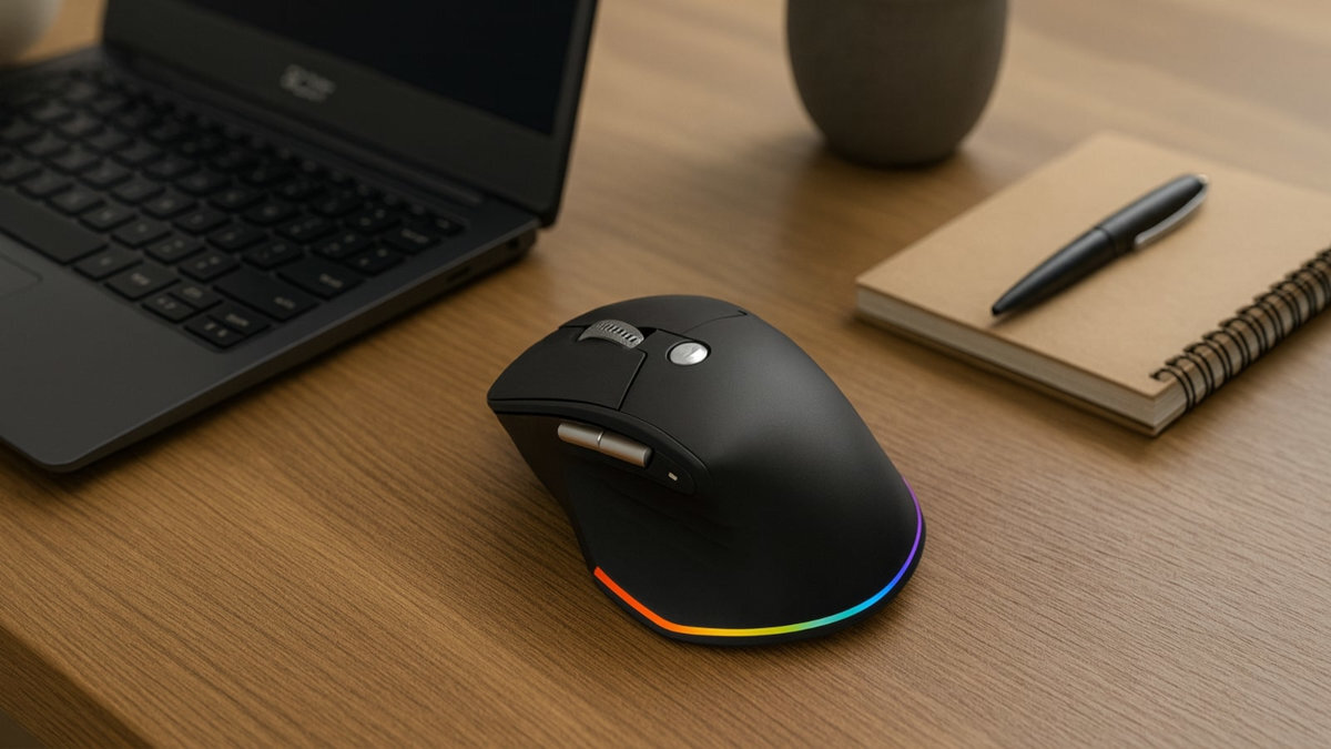 Mysz ACER Easy Fit Acer Easy Fit dwa tryby łączności – Bluetooth 5.0 i odbiornik USB-A 2.4 GHz Windows, macOS i Chrome OS - mysz z podświetleniem RGB, ustawione na drewnianym biurku obok zamkniętego notesu, długopisu i laptopa