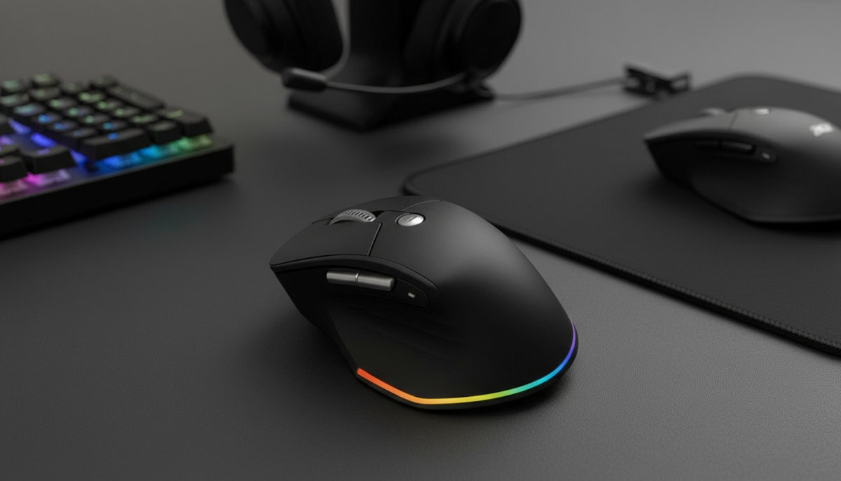 Mysz ACER Easy Fit baterię litowo-jonową 120 godzin wyłączonym podświetleniu USB-C 2,5 godziny - Czarna mysz komputerowa z podświetleniem RGB stojąca na ciemnym biurku, w otoczeniu klawiatury, podkładki i słuchawek