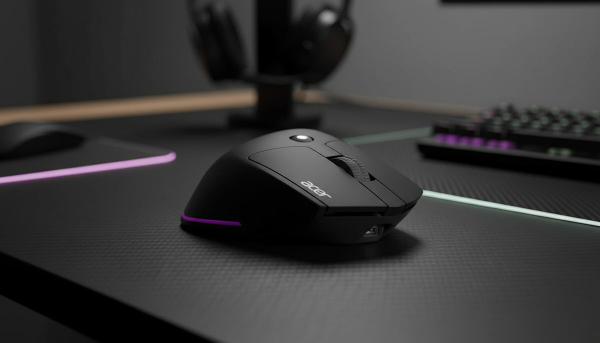 Mysz ACER Easy Fit pracy biurowej po rozgrywki gamingowe Regulowany poziom DPI Stabilna konstrukcja - Czarna mysz z fioletowym akcentem świetlnym na podkładce obok klawiatury i słuchawek