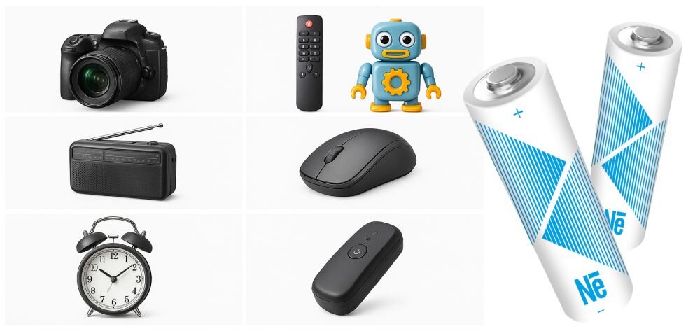 Różne przedmioty, które można zasilać akumulatorami Li-ion AA. Obok 2 akumulatory. Między innymi aparat fotograficzny, radio, budzik i myszka komputerowa.