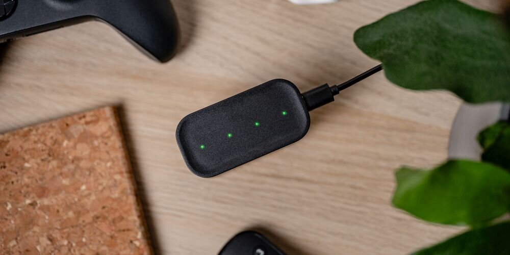 4 zielone diody LED na 4-kanałowej ładowarce Newell podłączonej kablem. Ładowarka leży na stole. Obok roślina doniczkowa