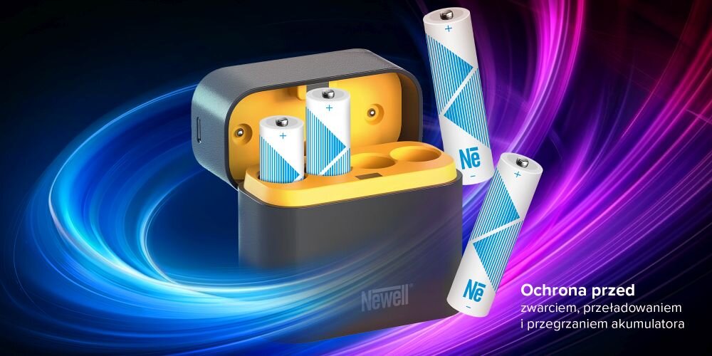 Niebieskie i fioletowe smugi okalają 4-kanałową ładowarkę Newell z akumulatorami dla ukazania inteligentnego systemu ochrony 
