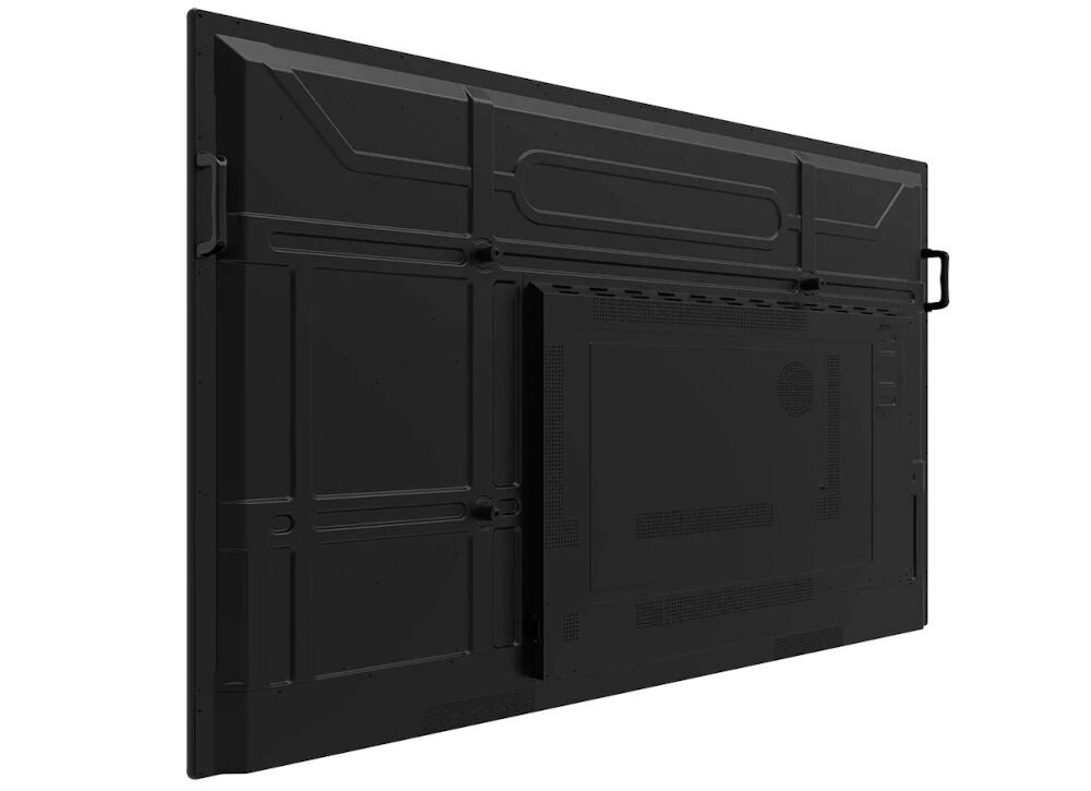 Monitor PRESTIGIO SOLUTIONS PMB000L864 86 cali 3840x2160px IPS prezentacja tylnej obudowy monitora na białym tle pod kątem instalacja montaż zestaw instrukcja bezpieczny montaż