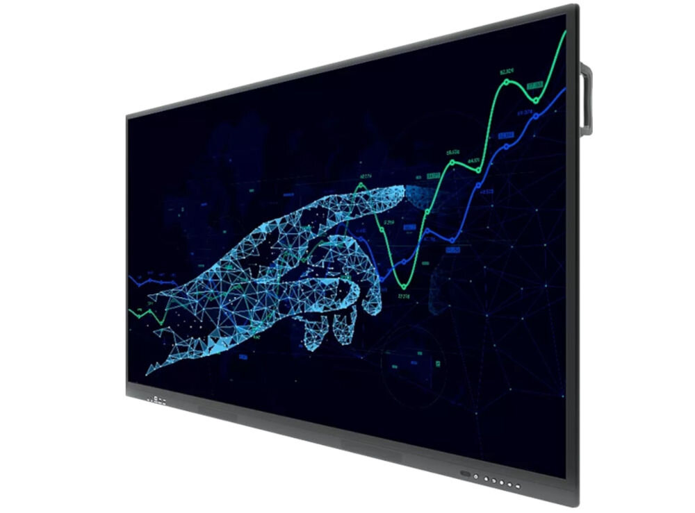 Monitor PRESTIGIO SOLUTIONS PMB000L864 86 cali 3840x2160px IPS prezentacja monitora na białym tle od przodu pod kątem obrazek cyfrowej ręki bezpieczeństwo trwałość powłoka odporna na uszkodzenia bezpieczeństwo