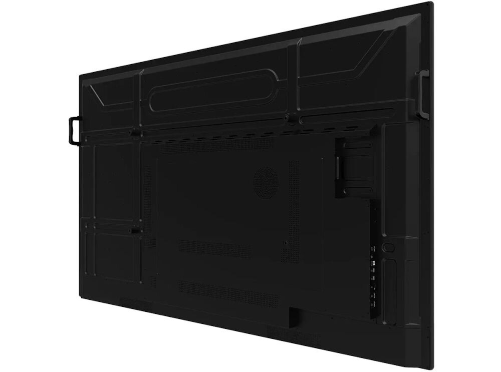 Monitor PRESTIGIO SOLUTIONS PMB000L864 86 cali 3840x2160px IPS prezentacja tylnej obudowy monitora na białym tle pod kątem design czarna ramka obudowa estetyka