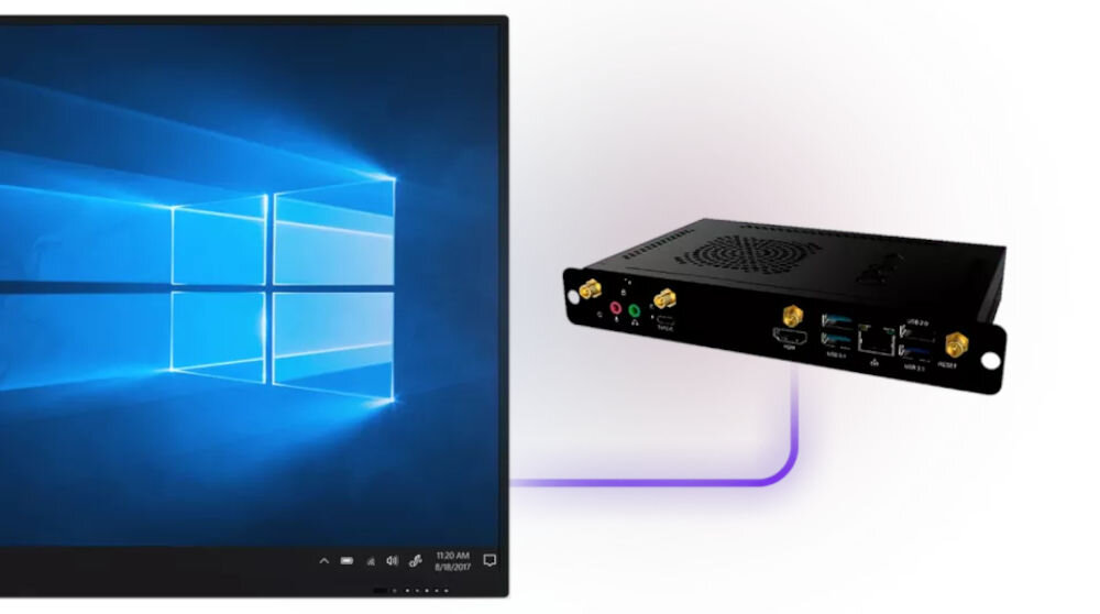 Monitor PRESTIGIO SOLUTIONS PMB000L864 86 cali 3840x2160px IPS prezentacja komputera OPS połączonego z monitorem na białym tle komputer OPS Windows 10 Intel licencja mozaBook Classroom rozszerzenie funkcjonalności