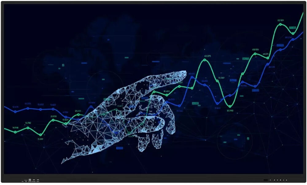 Monitor PRESTIGIO SOLUTIONS PMB000L864 86 cali 3840x2160px IPS prezentacja monitora na białym tle od przodu obrazek cyfrowej ręki zdalne zarządzanie aktualizacje dla administratorów IT