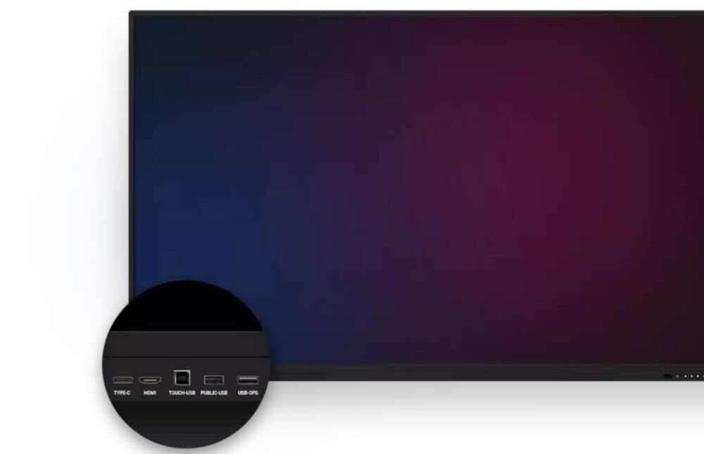 Monitor PRESTIGIO SOLUTIONS PMB000L864 86 cali 3840x2160px IPS prezentacja monitora na białym tle zbliżenie na jego porty HDMI USB LAN VGA RS-232 Wi-Fi Bluetooth łączność udostepnianie ekranu