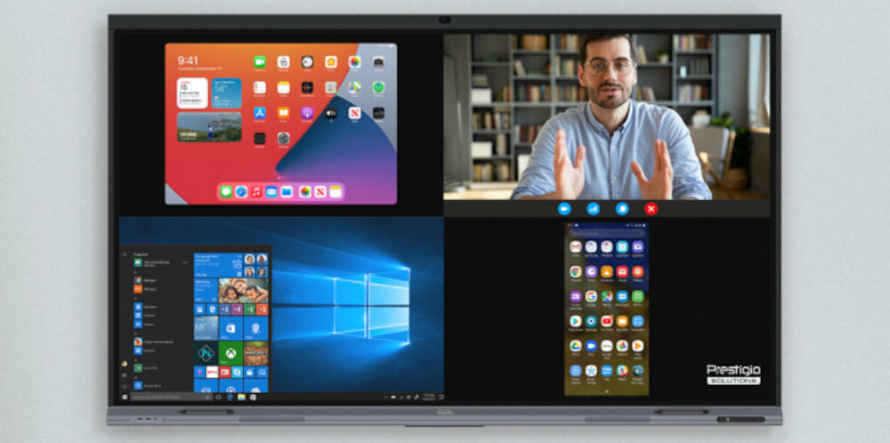 Monitor PRESTIGIO SOLUTIONS PSMB068P750 75 cali 3840x2160px IPS prezentacja monitora w pokoju z różnymi włączonymi aplikacjami oprogramowanie mozaBook OfficeSuite DisplayForce środowiska do pracy i nauki