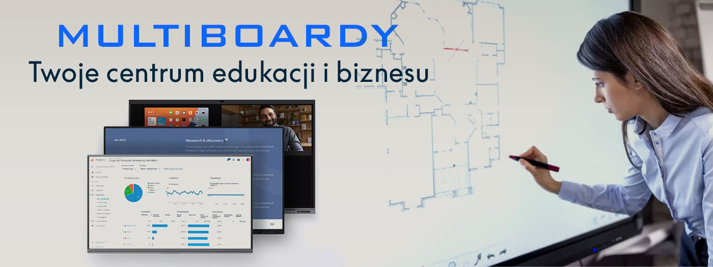 Monitor PRESTIGIO SOLUTIONS PSMB068P750 75 cali 3840x2160px IPS  kobieta korzystająca z monitora napis Multiboard twoje centrum edukacji i biznesu pokazanie funkcjonalności monitora interaktywny ekran 75 cali 4K UHD matryca IPS TFT