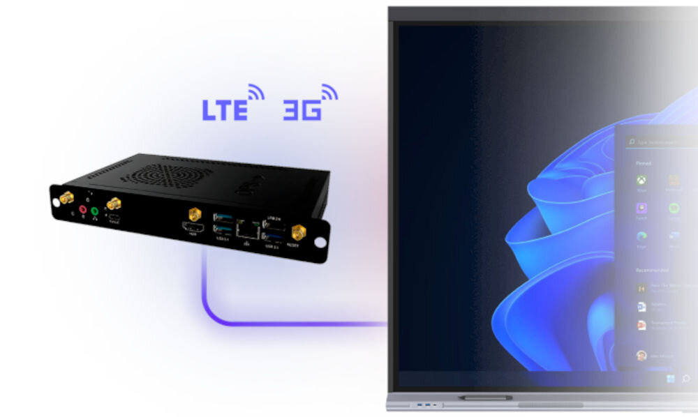 Monitor PRESTIGIO SOLUTIONS PSMB068P750 75 cali 3840x2160px IPS pokazanie modułu PC na białym tle moduł PC Windows pełnoprawny komputer elastyczność