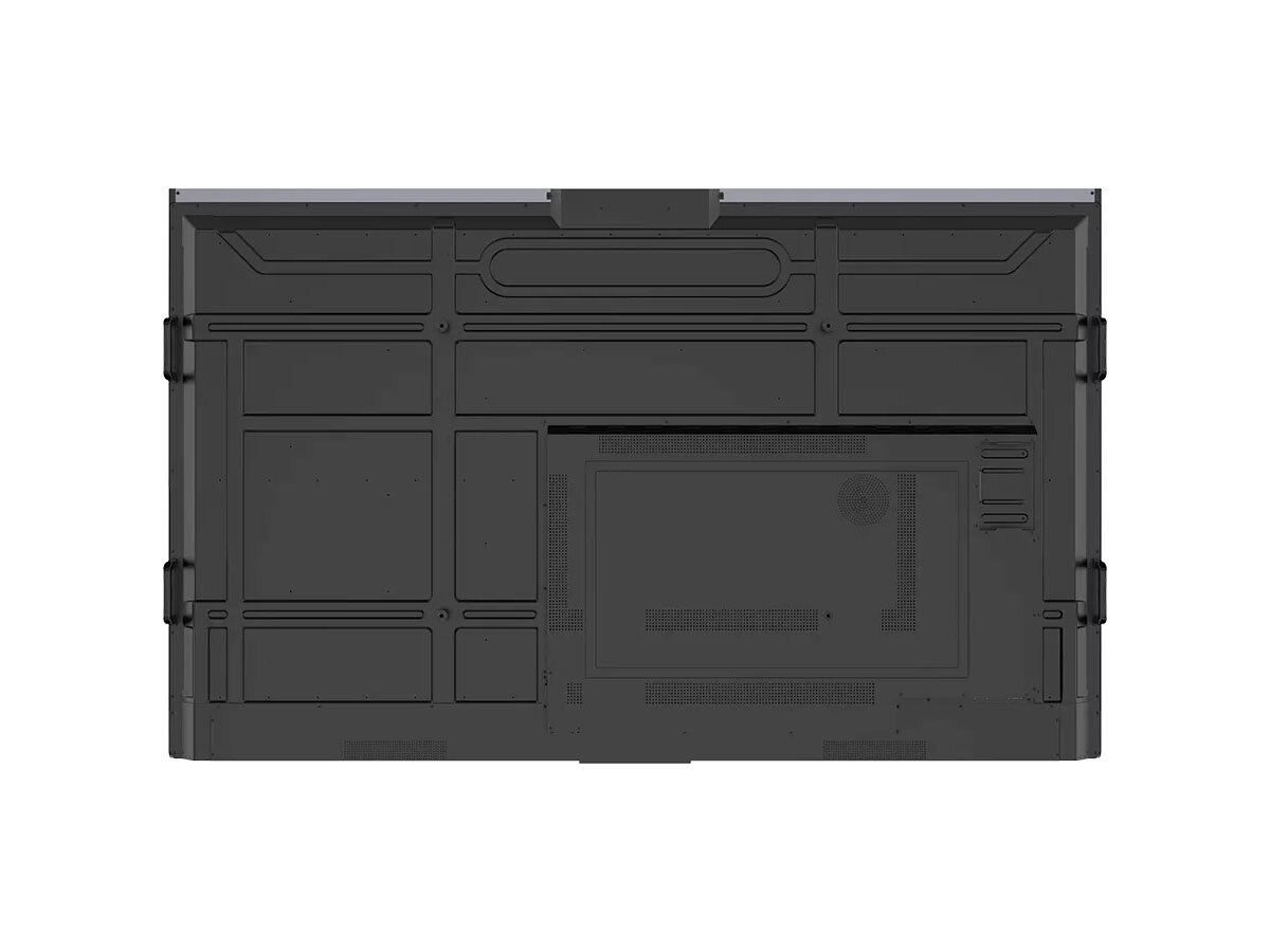 Monitor PRESTIGIO SOLUTIONS PSMB068P750 75 cali 3840x2160px IPS pokazanie tylnej obudowy na białym tle głośniki 2.1 z subwooferem dźwięk przestrzenny czysty dynamiczny prezentacja wideokonferencja lekcje online