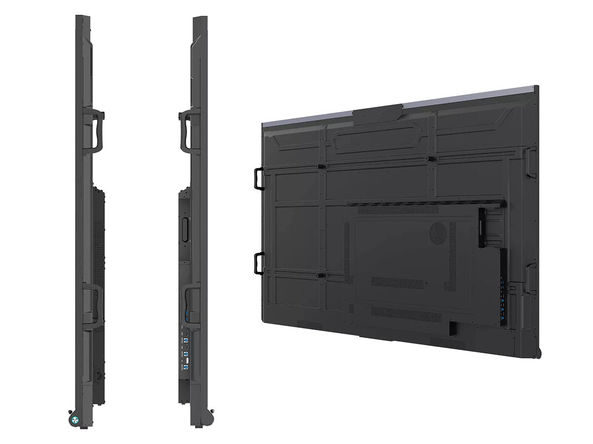 Monitor PRESTIGIO SOLUTIONS PSMB068P750 75 cali 3840x2160px IPS pokazanie tylnej obudowy pod kątem oraz boków na białym tle wytrzymałość szkło hartowane 9H odporność na zarysowania montaż ścienny szkoły uczelnie biura