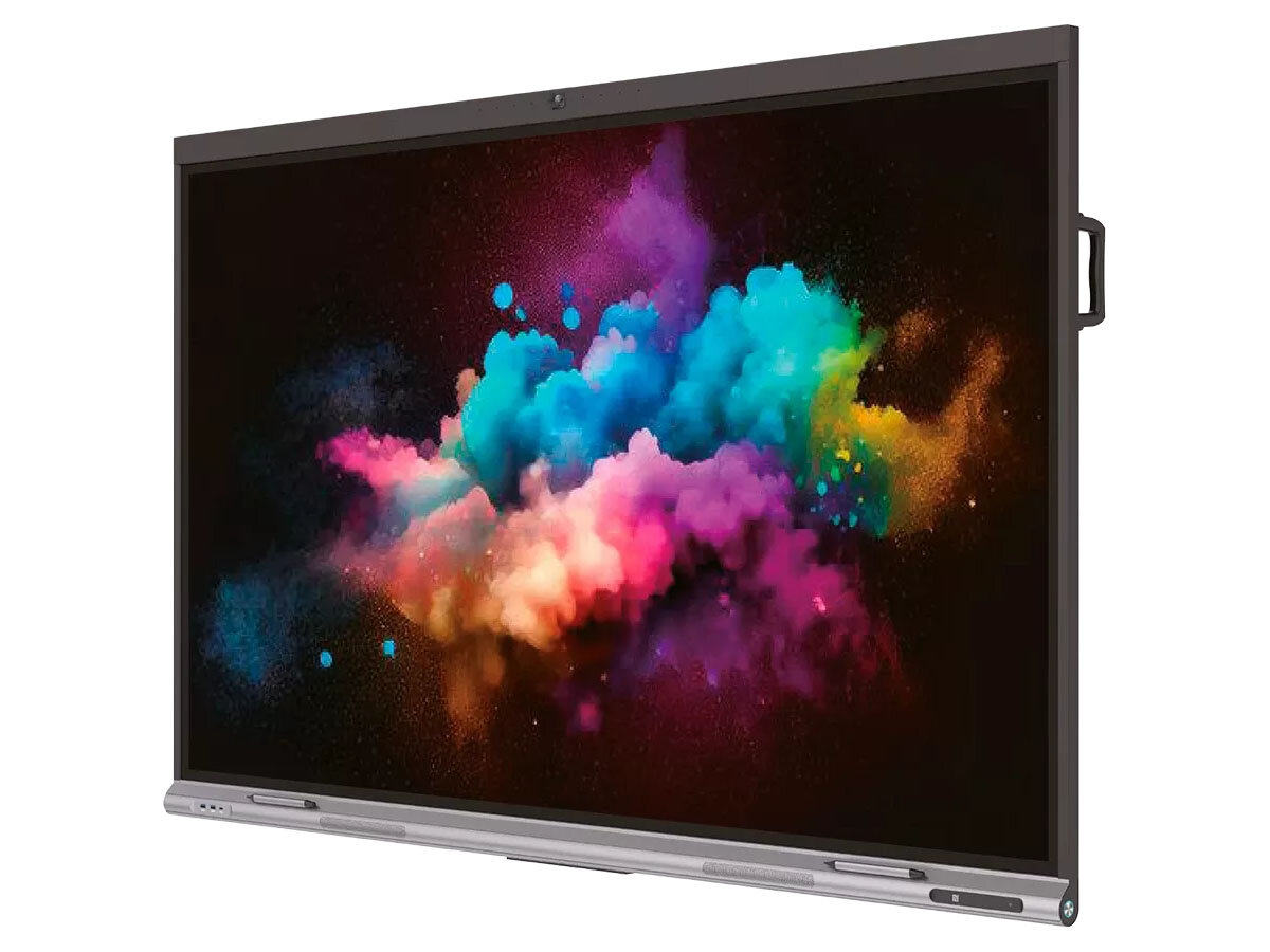 Monitor PRESTIGIO SOLUTIONS PSMB068P650 65 cali 3840x2160px IPS prezentacja monitora na białym tle od przodu pod kątem ekran 4K UHD 65 cali matowa powłoka IPS TFT czytelność komfort