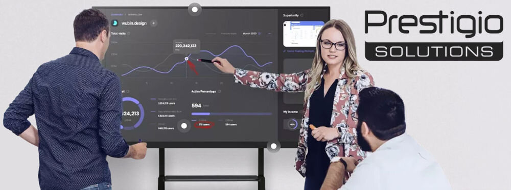 Monitor PRESTIGIO SOLUTIONS PSMB068P110 110 cali 3840x2160px IPS  osoby korzystające z tablicy jasne tło napis z marką interaktywny ekran 110 cali 4K UHD matryca IPS TFT