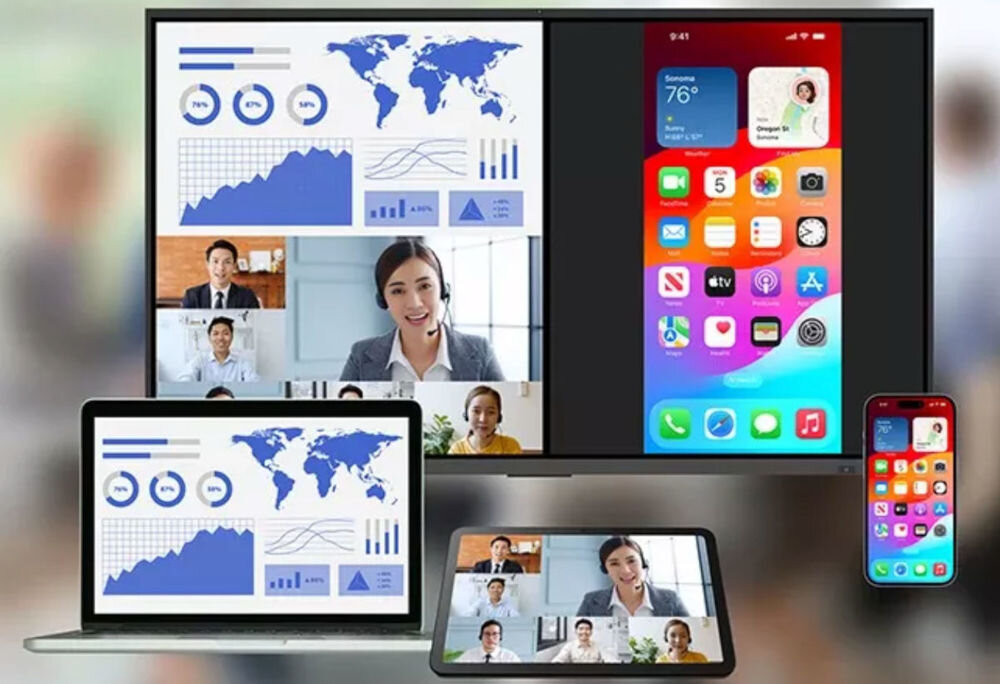 Monitor PRESTIGIO SOLUTIONS PSMB068P110 110 cali 3840x2160px IPS pokazanie możliwości połączenie się z różnych urządzeń z monitorem bezprzewodowe udostępnianie ekranu współpraca mobilna Android iOS Windows macOS zdalne sterowanie wspólna praca bez kabli