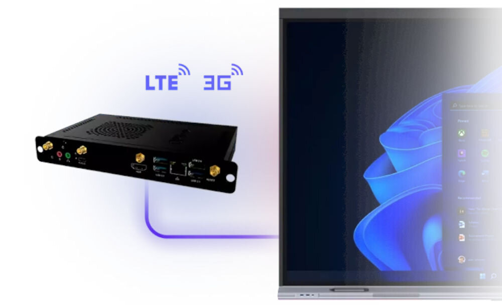 Monitor PRESTIGIO SOLUTIONS PSMB068P110 110 cali 3840x2160px IPS pokazanie modułu PC na białym tle moduł PC Windows LTE pełnoprawny komputer elastyczność