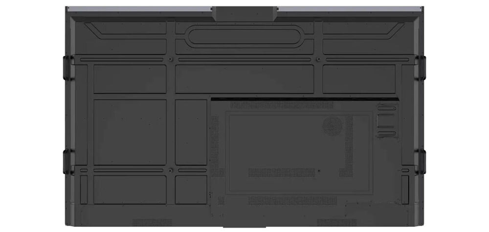 Monitor PRESTIGIO SOLUTIONS PSMB068P110 110 cali 3840x2160px IPS pokazanie tylnej obudowy na białym tle głośniki 2.1 z subwooferem dźwięk przestrzenny czysty dynamiczny prezentacja wideokonferencja lekcje online