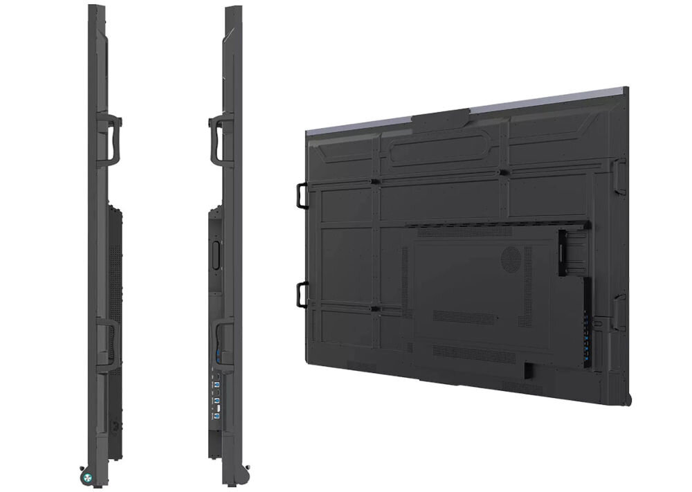 Monitor PRESTIGIO SOLUTIONS PSMB068P110 110 cali 3840x2160px IPS pokazanie tylnej obudowy pod kątem oraz boków na białym tle wytrzymałość szkło hartowane 9H odporność na zarysowania montaż ścienny szkoły uczelnie biura