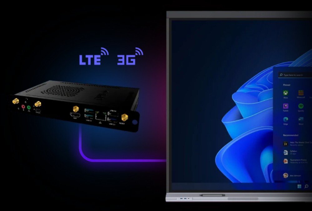 Monitor PRESTIGIO SOLUTIONS PSMB068P860 grafika przedstawiająca czarny moduł komputera typu OPS obok fragmentu ekranu z logotypami technologii bezprzewodowych 'LTE' i '3G' oraz pulpitem systemu Windows, moduł PC, porty, mocowanie VESA