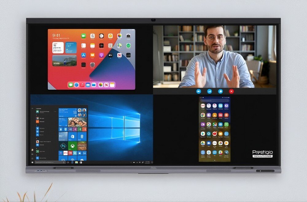 Monitor PRESTIGIO SOLUTIONS PSMB068P860 monitor interaktywny z podzielonym ekranem wyświetla cztery różne pulpity systemowe: tabletowy, mobilny, system Windows oraz widok z kamery z mężczyzną w okularach, rysik, podzespoły, procesor, pamięć