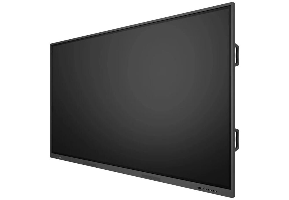 Monitor PRESTIGIO SOLUTIONS PSMB000L755 75 cali 3840x2160px IPS prezentacja monitora na białym tle od przodu elegancka obudowa niewielka konstrukcja prezentacje szkolenia