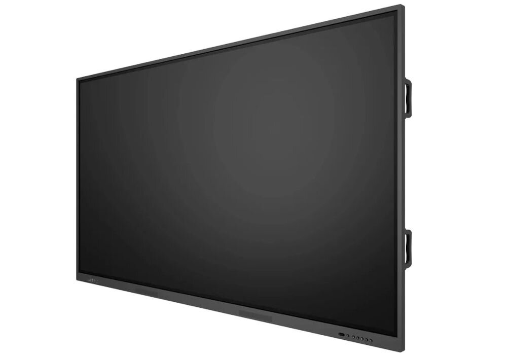 Monitor PRESTIGIO SOLUTIONS PSMB000L755 75 cali 3840x2160px IPS prezentacja monitora od przodu pod kątem na białym tle ekran hartowany 9H chroni przed zarysowaniami energooszczędny trwałość 50000h