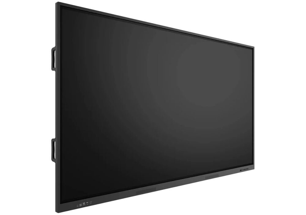 Monitor PRESTIGIO SOLUTIONS PSMB000L755 75 cali 3840x2160px IPS prezentacja monitora od przodu pod kątem na białym tle szybka konfiguracja bez instalacji plug and play pełen zestaw złączy