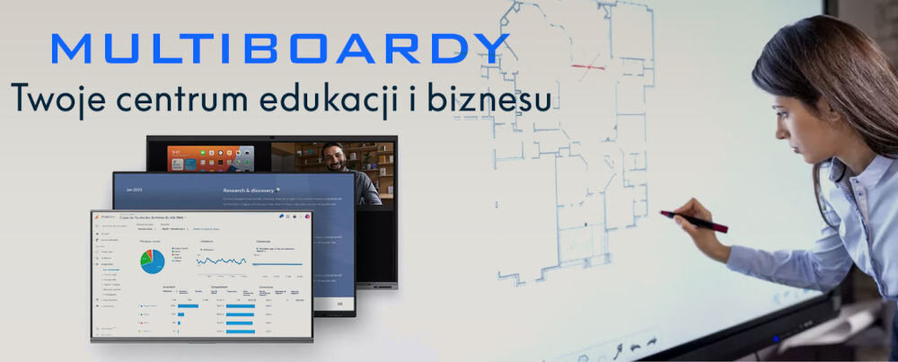 Monitor PRESTIGIO SOLUTIONS PSMB000L755 75 cali 3840x2160px IPS prezentacja funkcjonalności monitora kobieta pisząca po ekranie napis multiboardy twoje centrum edukacji i biznesu zestaw akcesoriów pisaki pilot HDMI USB-C/USB-A zasilanie 6 pisaków dotykowych gotowy do użycia zaraz po rozpakowaniu