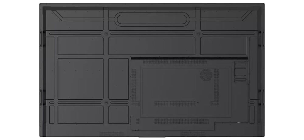 Monitor PRESTIGIO SOLUTIONS PSMB000L755 75 cali 3840x2160px IPS prezentacja tylnej obudowy monitora na białym tle dźwięk głośniki 15W subwoofer 16W audio do konferencji wyrazistość