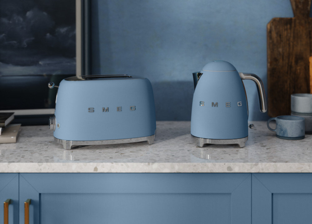 Toster SMEG TSF01SBMEU Niebieski design tło prezentacja wizualizacja Komfort przygotowań